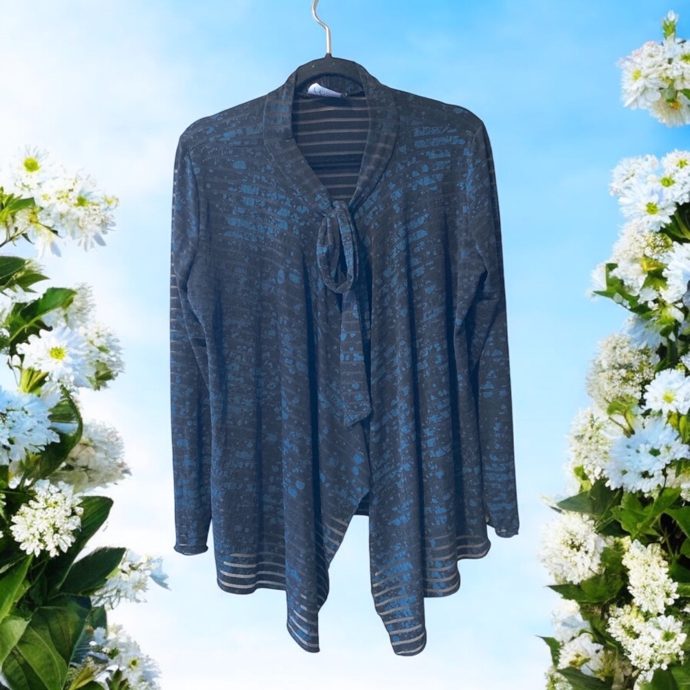 Artex Blue and Black Open-Front Cardigan with Tie Neckline